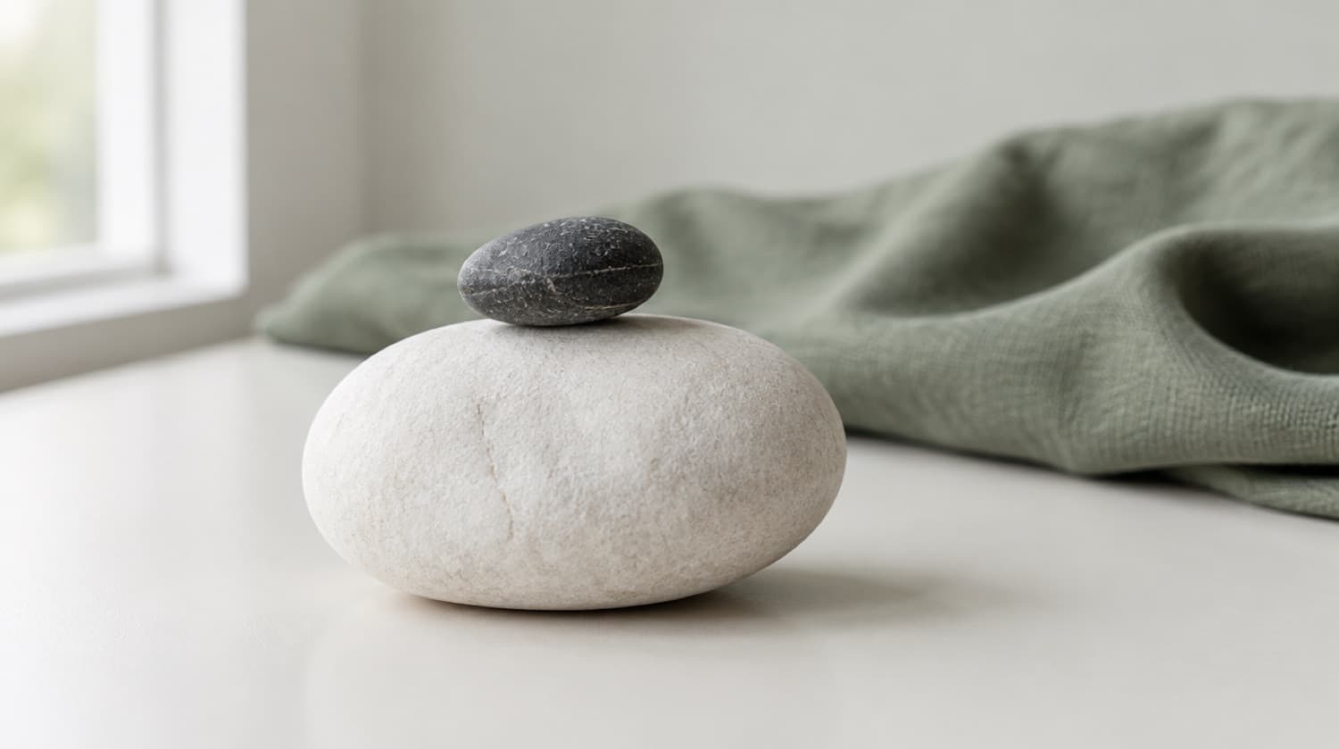 A small dark pebble balanced on a large white stone on a pale desk