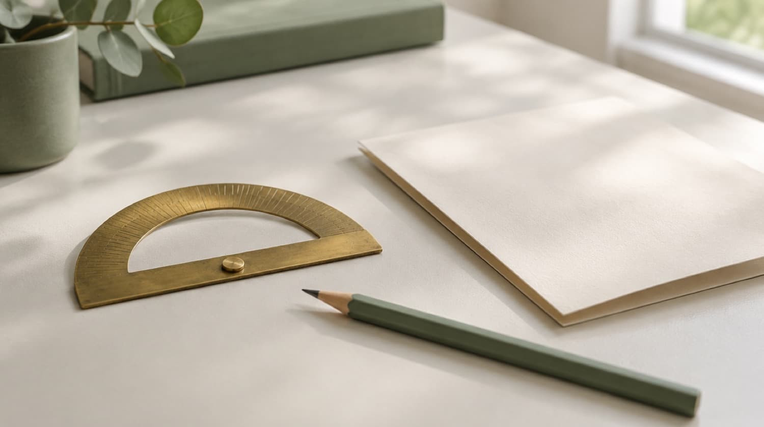A brass protractor, a green pencil and a folded sheet of blank paper on a pale desk