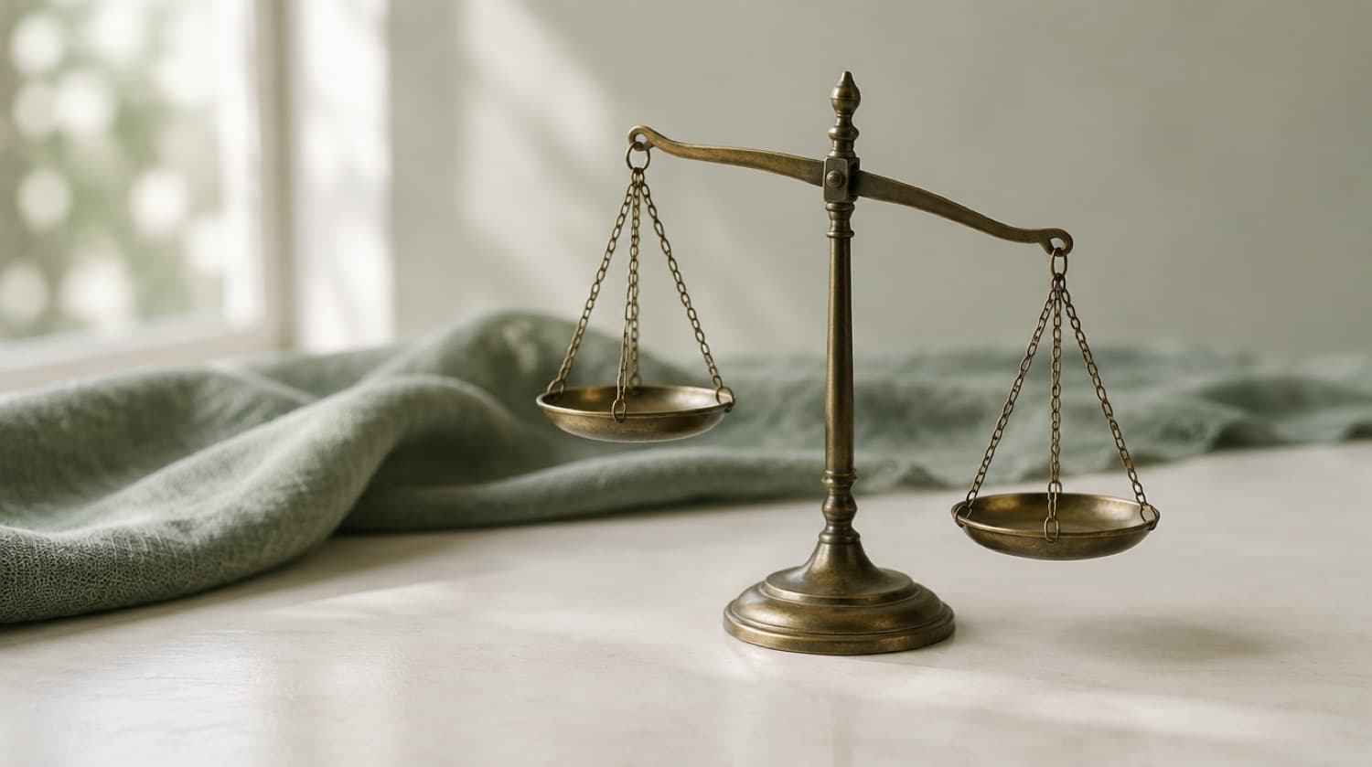 A small brass balance scale, slightly tilted, on a pale desk