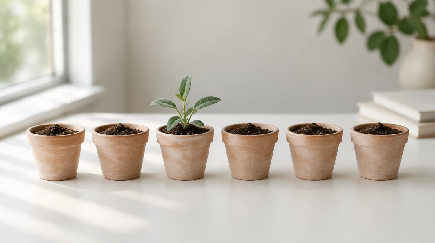 A row of six small terracotta pots on a pale desk, one with a seedling