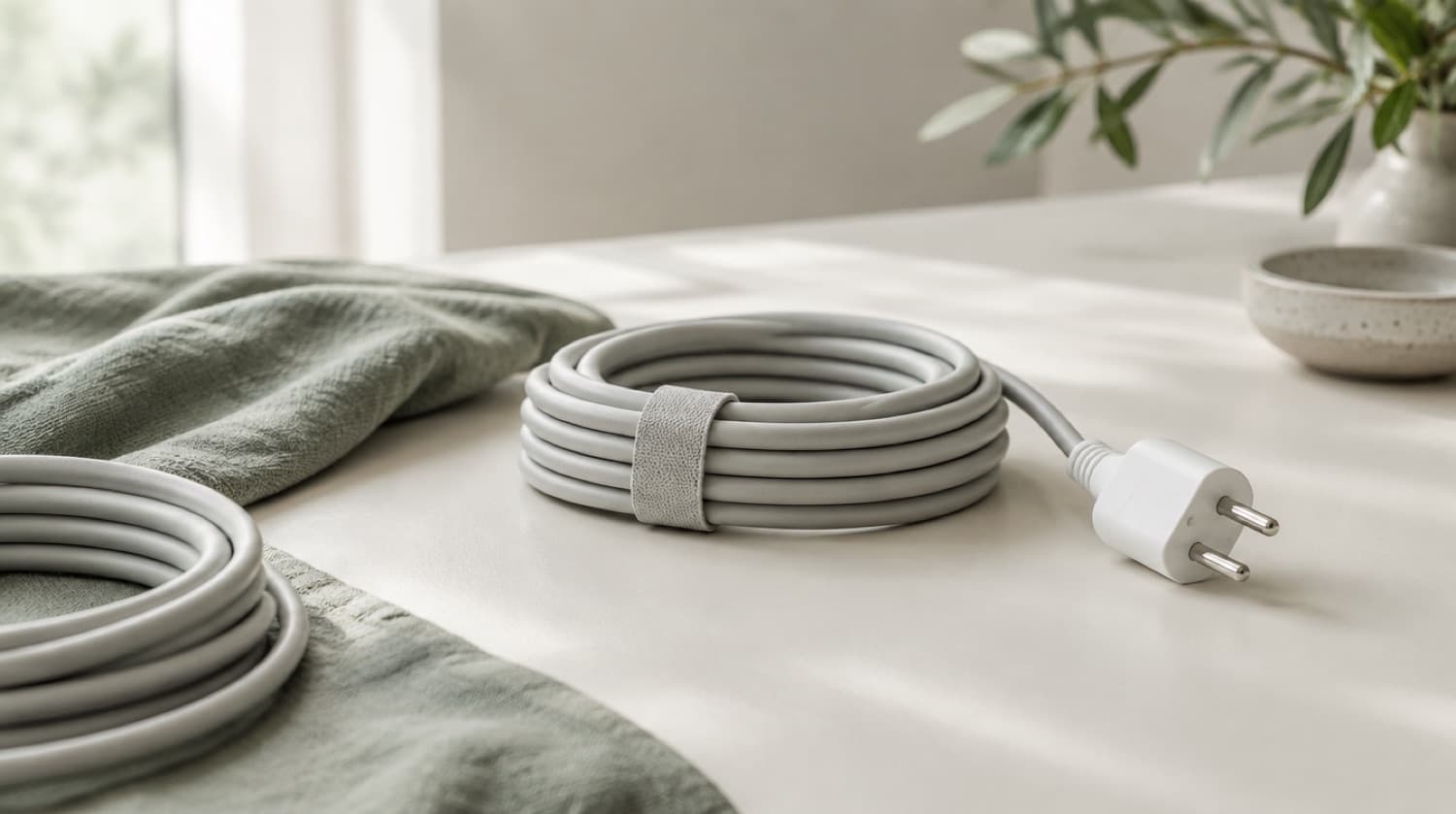 Coiled grey cables and a white power plug on a pale desk