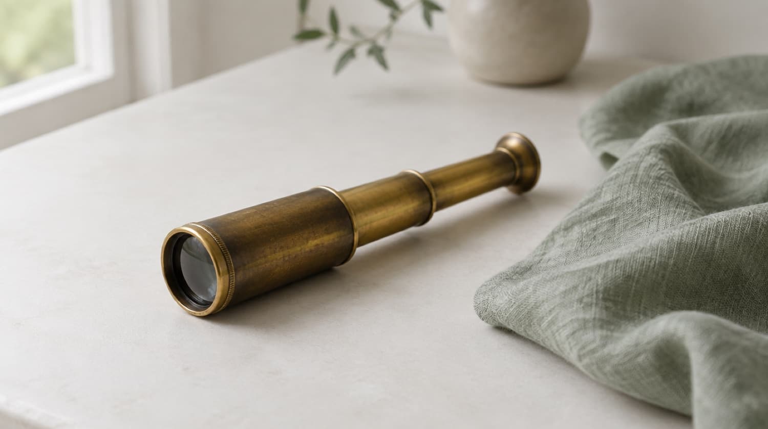 A small brass spyglass, partly extended, on a pale desk
