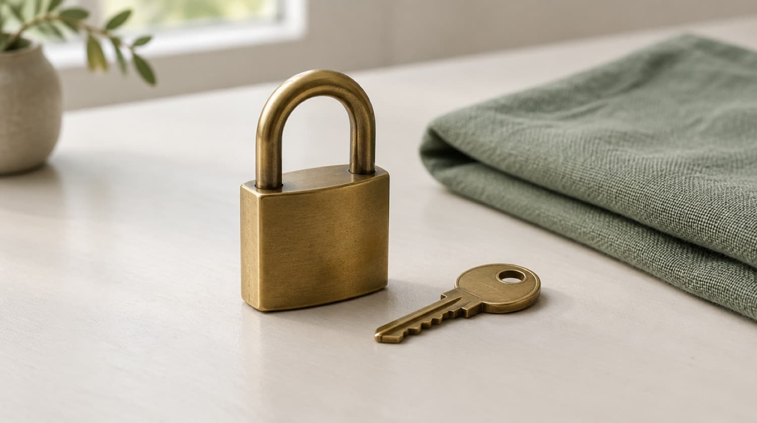 A heavy brass padlock with its key on a pale desk