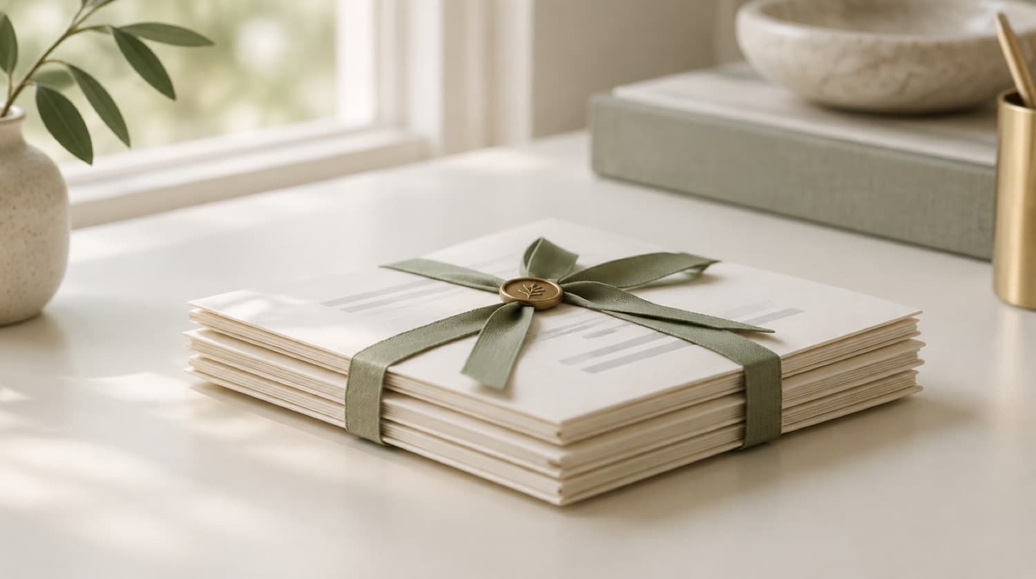 A stack of cream documents tied with a sage ribbon and a small brass seal
