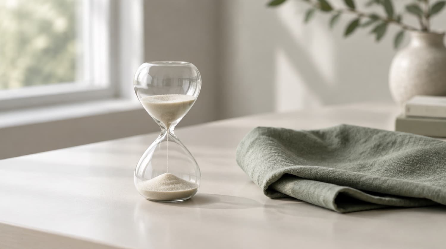 A small glass hourglass with pale sand mid-flow on a pale desk