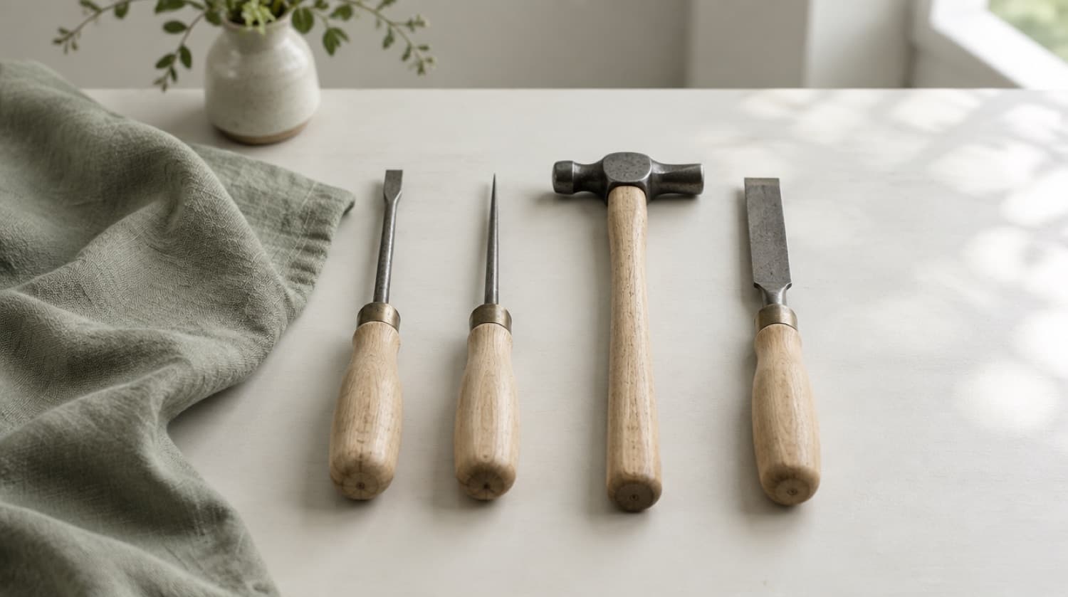 Four small hand tools with pale wooden handles laid in a row on a pale desk