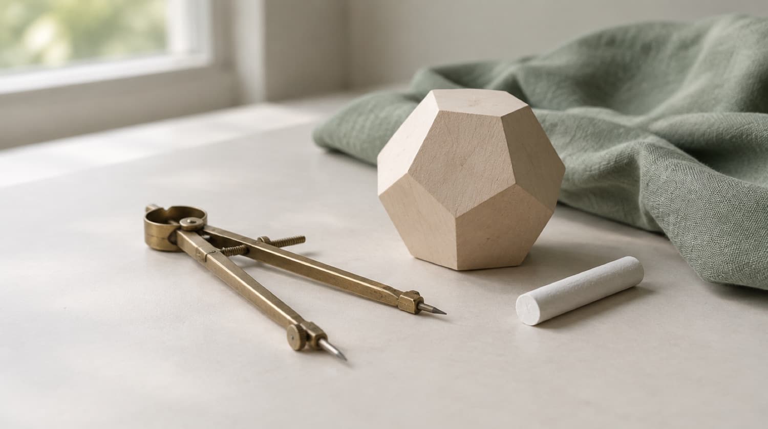A brass compass, a wooden dodecahedron and a piece of chalk on a pale desk