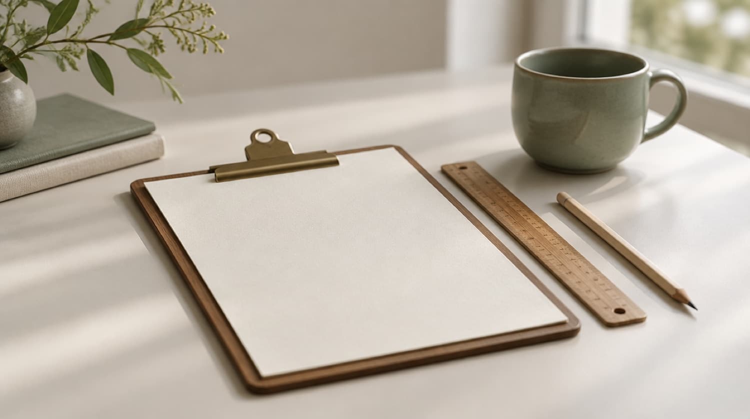 A clipboard with blank paper, a wooden ruler and a pencil beside a sage cup
